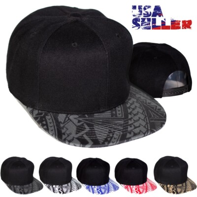 Mens Hawaiian Kakau Tattoo Snapback Flat Bill Adjustable Baseball Cap Blank Hat