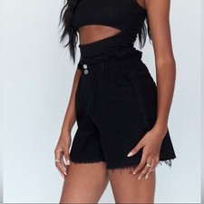 Princess Polly black Grunge denim paper bag High Rise shorts Raw Hem size 6