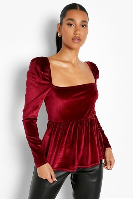 Square Neck Boohoo Red Top Boohoo Red Velvet Tie Back Peplum Top