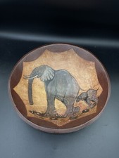 VTG HAND 10" CARVED PAINTED WOOD ELEPHANT DECORATIVE BOWL ANIMAL COLLECTIBLE