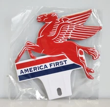 Mobil Oil America First Pegasus Gas Embossed Metal License Plate Topper Sign