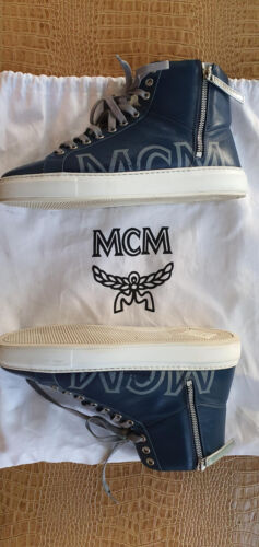 MCM Men's $199 Estate Blue Leather Side Zip High w/Silver Trim Top Sneakers Shoe - Afbeelding 1 van 10