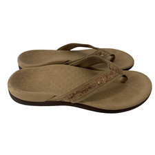 Vionic Tide Thong Sandals Women 7 Tan Flip Flops Cork Print Orthotic Comfort