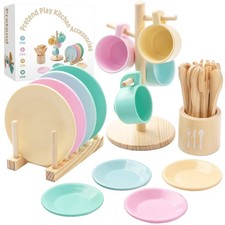 Kids Wooden Play Dishes Set -27Pcs Montessori Play Kitchen Accessories Plates