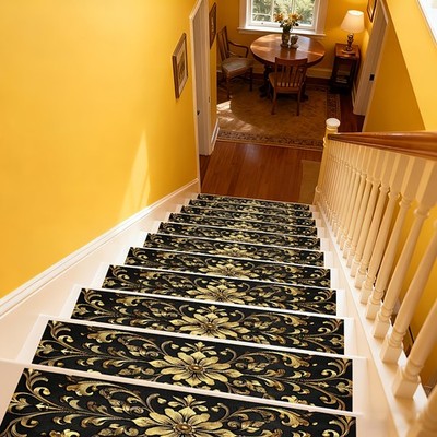 Golden Pattern Decorative Stair Mats, Soft and Durable, Machine Washable and E