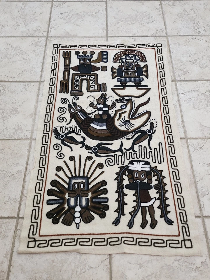 RARE Crewel VINTAGE Fisher & Gods South American Latin Folk Art Tapestry 3ft 8in - Image 3 of 4