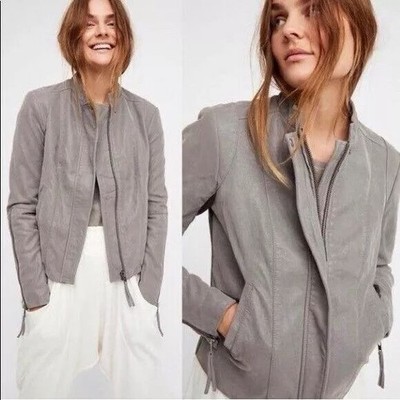 Free People Cool Clean Moto Jacket Size 6 Faux Suede Knit Boho Hipster Gray