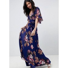 ASOS Navy Blue Floral Pleated Maxi Dress Flutter Sleeve V-Neck Wrap tie waist