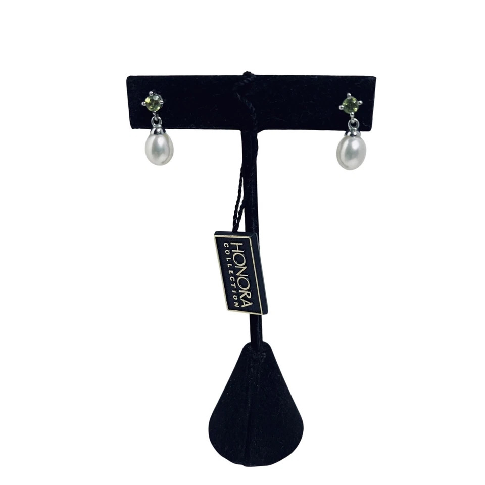 Pendientes Honora de plata de ley perlas blancas de agua dulce y esmeralda verde (5979 Foto 2 de 4