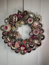 VTG MCM GLASS ORNAMENT CHRISTMAS WREATH SHINY BRITE INDENT POLAND PINK & SILVER
