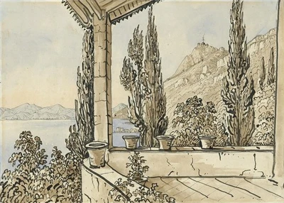 Walter John Trower zugeschrieben - Aquarell Gemälde Kontinentale Seenlandschaft - Bild 1 von 4