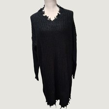 Hyfve Womens Black Distressed V-Neck Ribbed Knit Sweater Dress Size Medium