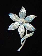 SALE ~ "JJ" Jonette Jewelry Pewter BEAUTIFUL Blue Crystal Flower Pin ~ DAMAGED