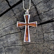 Hawaiian Jewelry Koa Wood Cross Silver Rhodium Plated Brass Pendant BRP1100
