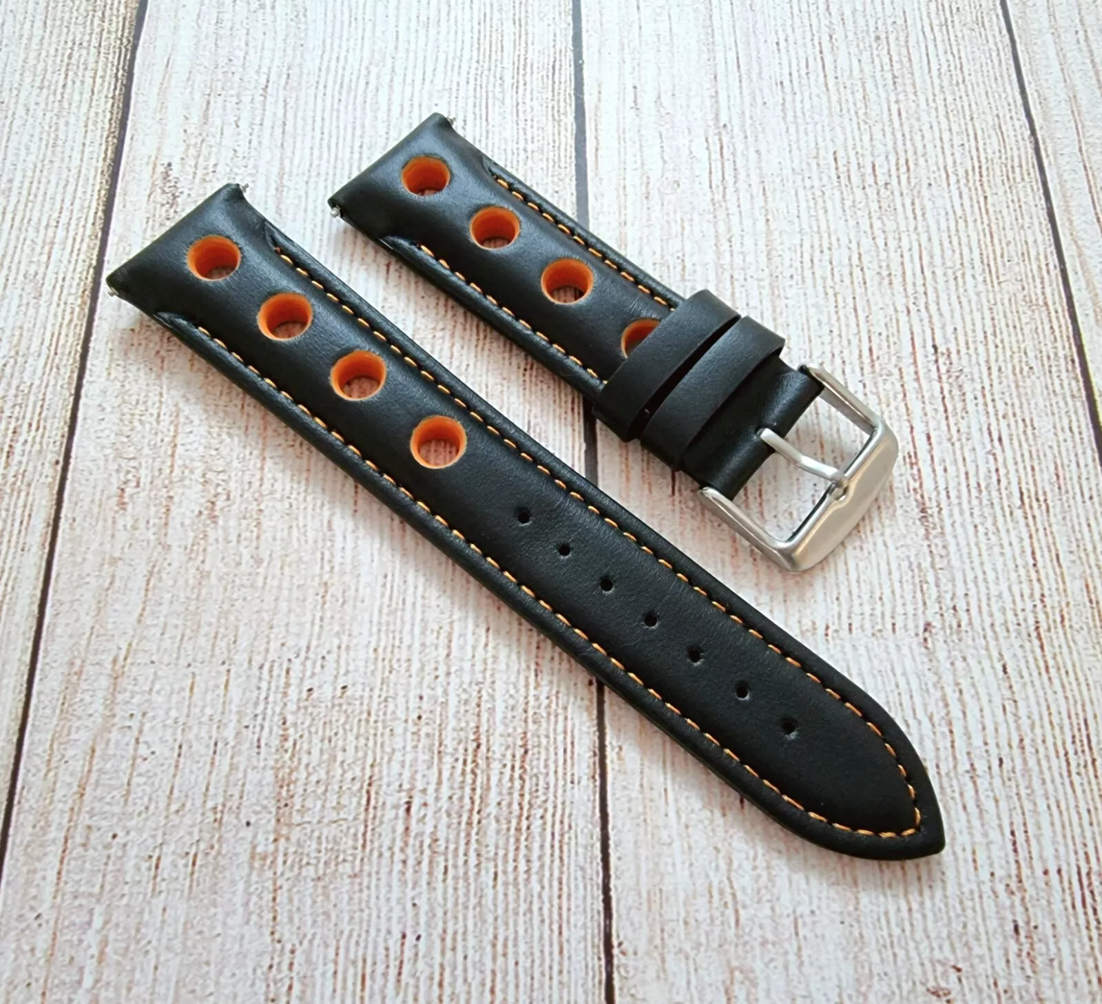 Bracelet de montre rallye course cuir premium 18 mm 20 mm 22 mm 24 mm noir orange