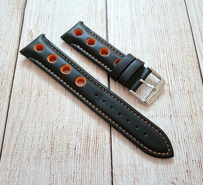 Watch Strap Band Rally Racing Premium Leather 18mm 20mm 22mm 24mm Black Orange
