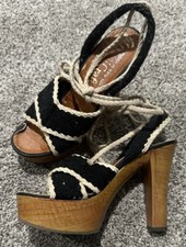 VTG QUALICRAFT Wood Platform Canvas Ankle Wrap Sandals Heels Size 5 ITALY