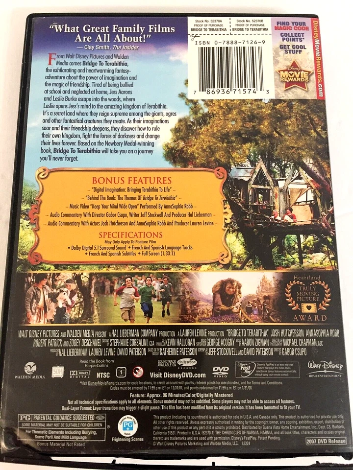 Bridge to Terabithia Disney Full Screen DVD Ships  Same Day With Tracking - Image 2 of 2