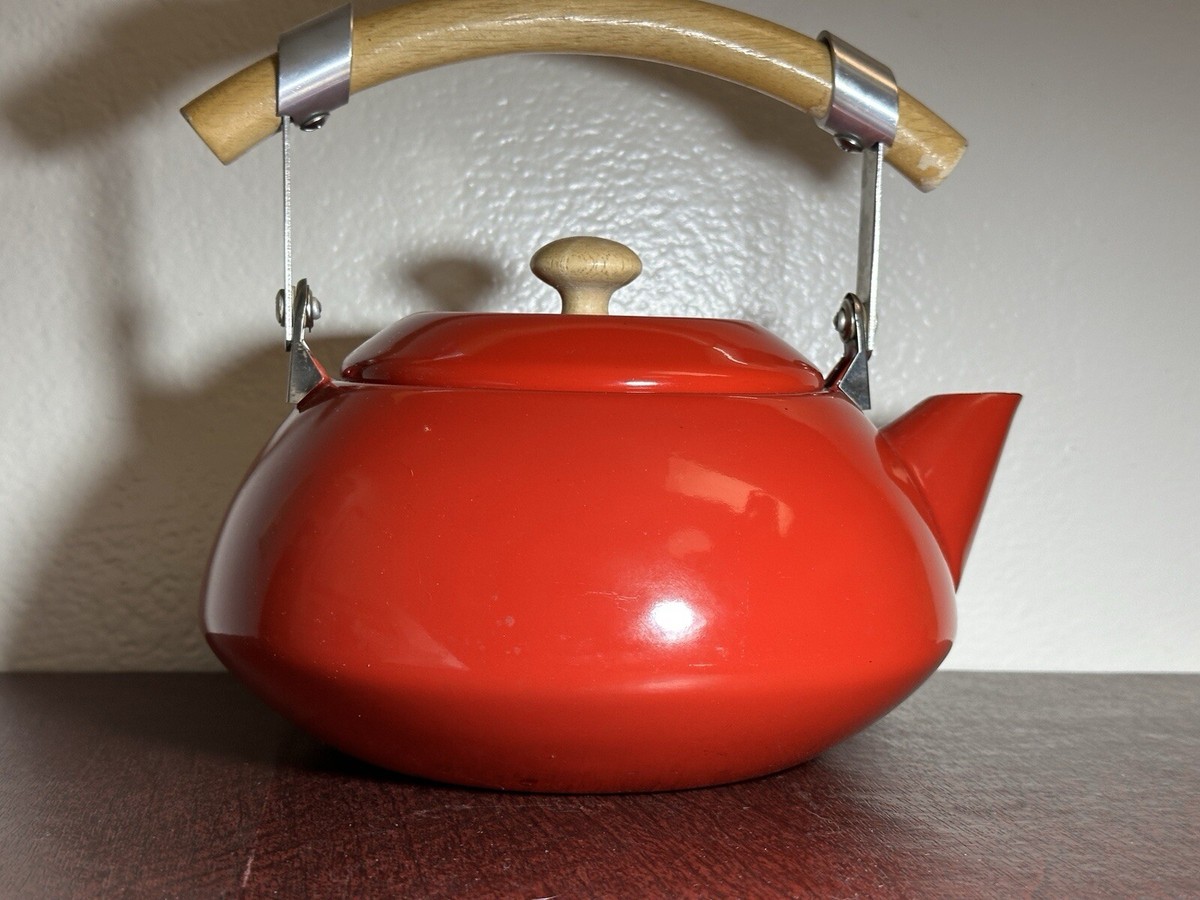 Vintage Mid Century Scandinavian Danish Red Enamel Tea Kettle Teapot Wood  Handle