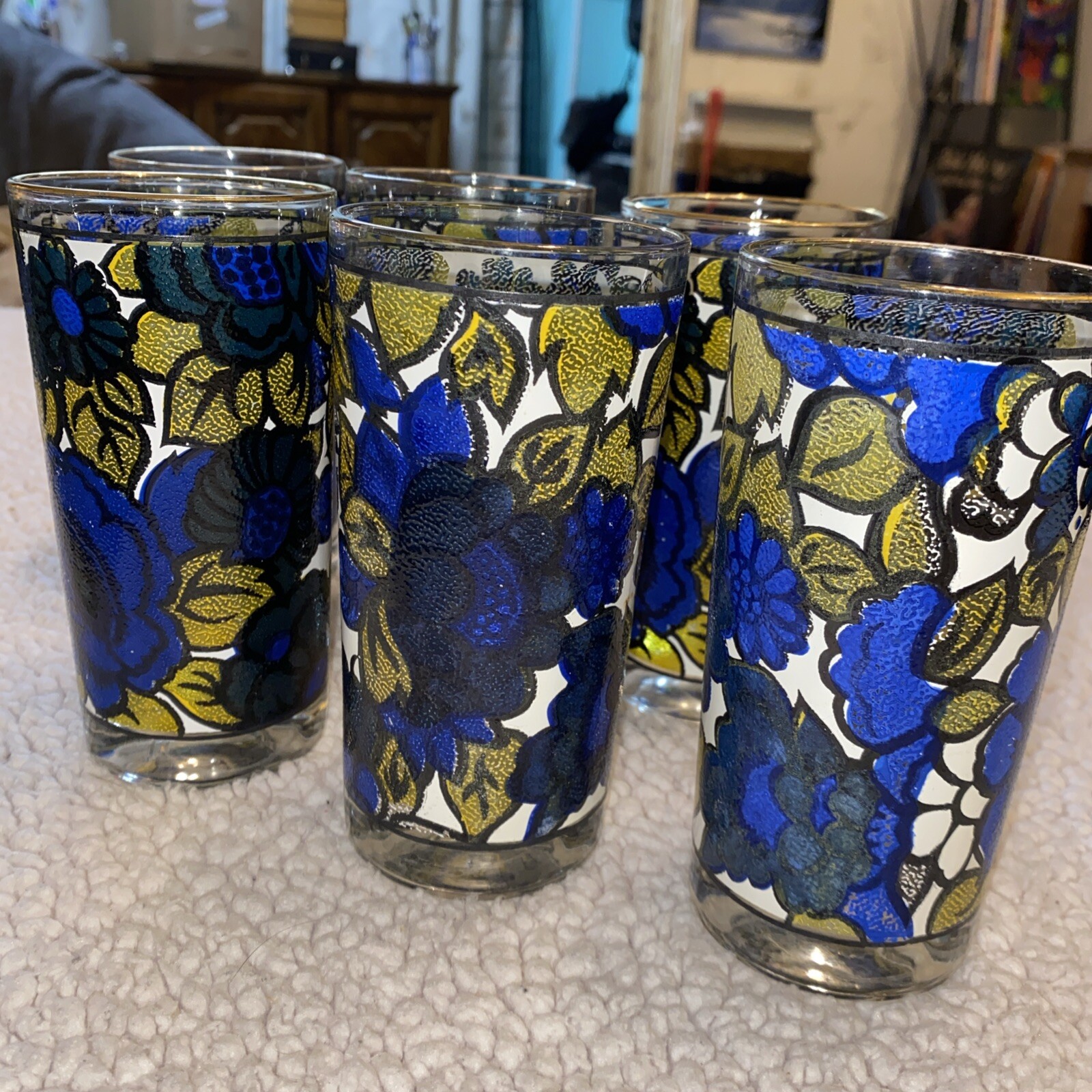 Vintage Atlas Highball Glasses Colorful Stained Floral Design - Set Of 6