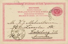SCHWEDEN 1895 10 Öre GA-Postkarte m. Bahnpost-K2 "PKXP. No.2 C. UTR. N." n. USA