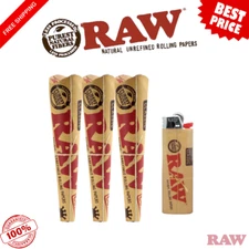 RAW Classic King Size Pre-Rolled Cones with Filter Tip 3-Pack + RAW BIC Lighter
