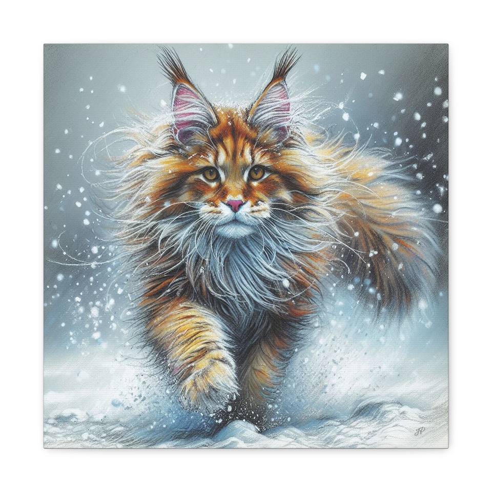 Maine Coon Cat Winter Wonderland Pastel Print on Gallery Wrapped Canvas