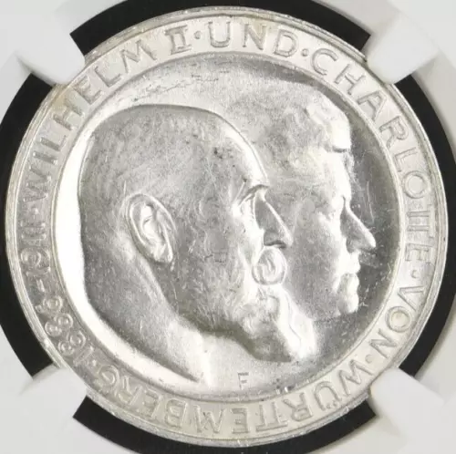 Germany 1911-F 3 Mark Wurttemberg Anniversary NGC MS 63 - Blast White & Lustrous