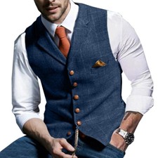 Mens Retro Tweed Waistcoat Plaid Slim Fit Formal WoolBlend Herringbone Suit Vest