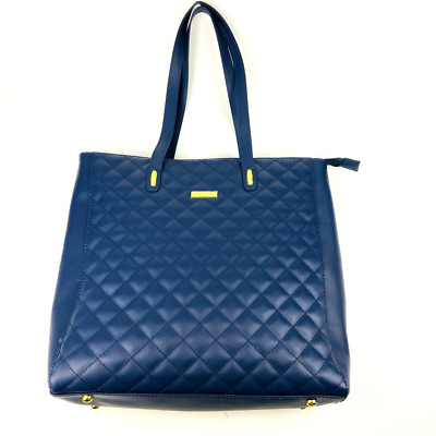 Joy & Iman Blue Leather Quilted Satchel Tote Handbag Gold Tone Hardware