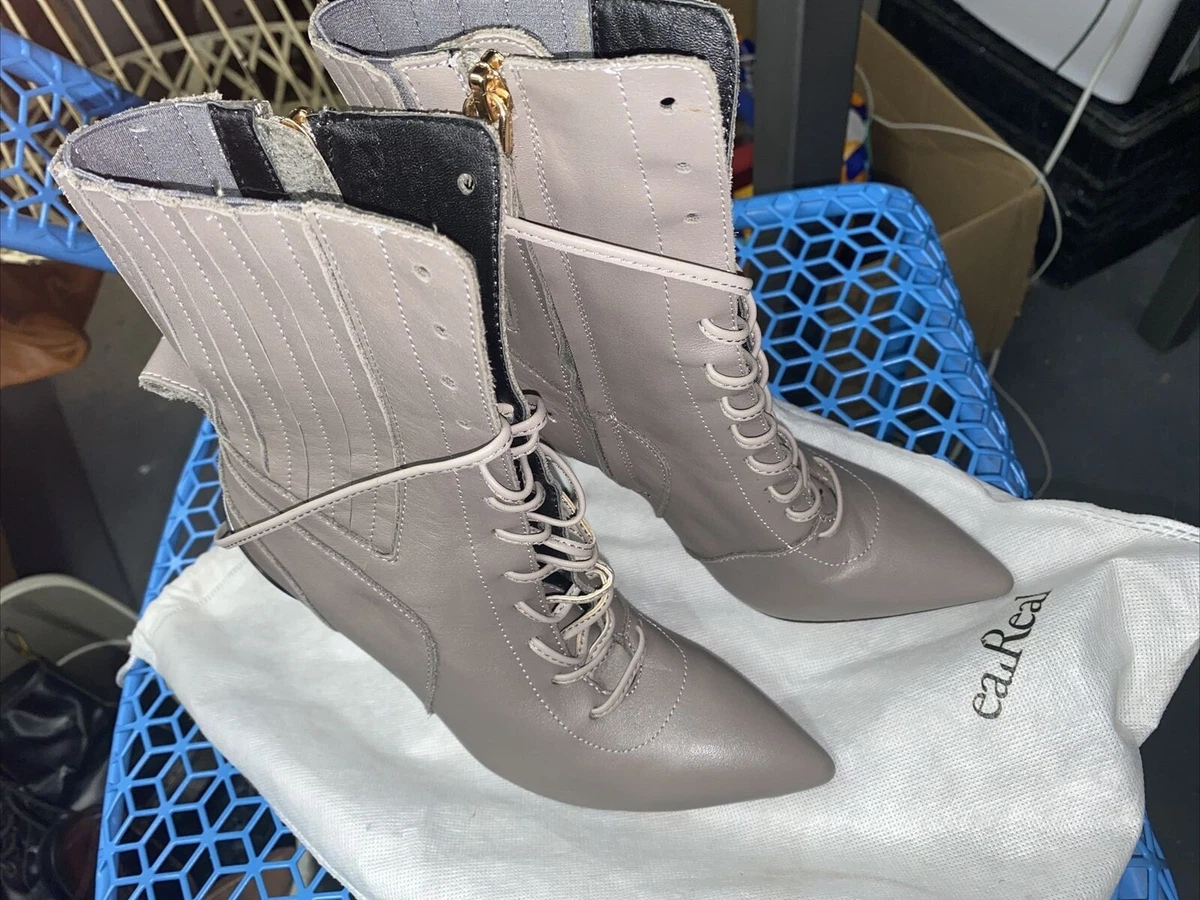 Casadei Pointed Toe Lace Up Blade Heel Ankle Booties Grey Leather