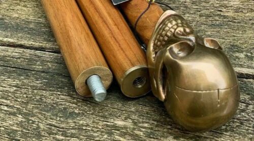Antique Style Brass Skull Head Handle Designer Wooden Walking Stick Shaft Canes - Picture 3 of 5