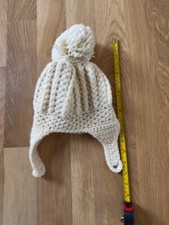 Vintage kids winter hat handmade off-white crocheted winter hat with a pom-pom