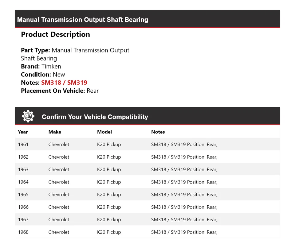Cojinete de eje de salida manual Timken para camioneta Chevrolet K20 1961-1968 Foto 2 de 4