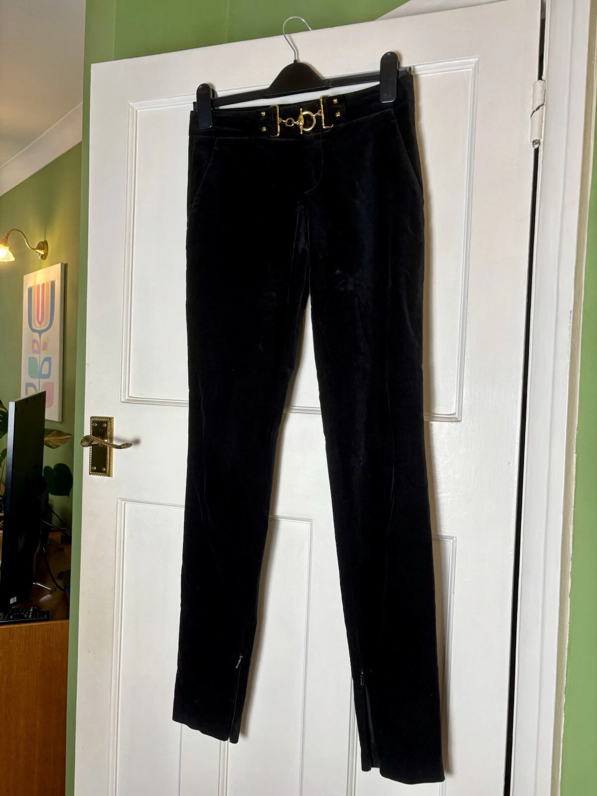 * PANTALON DROIT JAMBES SKINNY GUCCI NOIR VELOURS ET OR MORS DE CHEVAL *