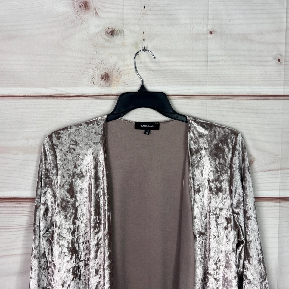 Chaqueta R&M Richards para mujer 14 púrpura terciopelo aplastado cascada abierta manga 3/4 Foto 2 de 4