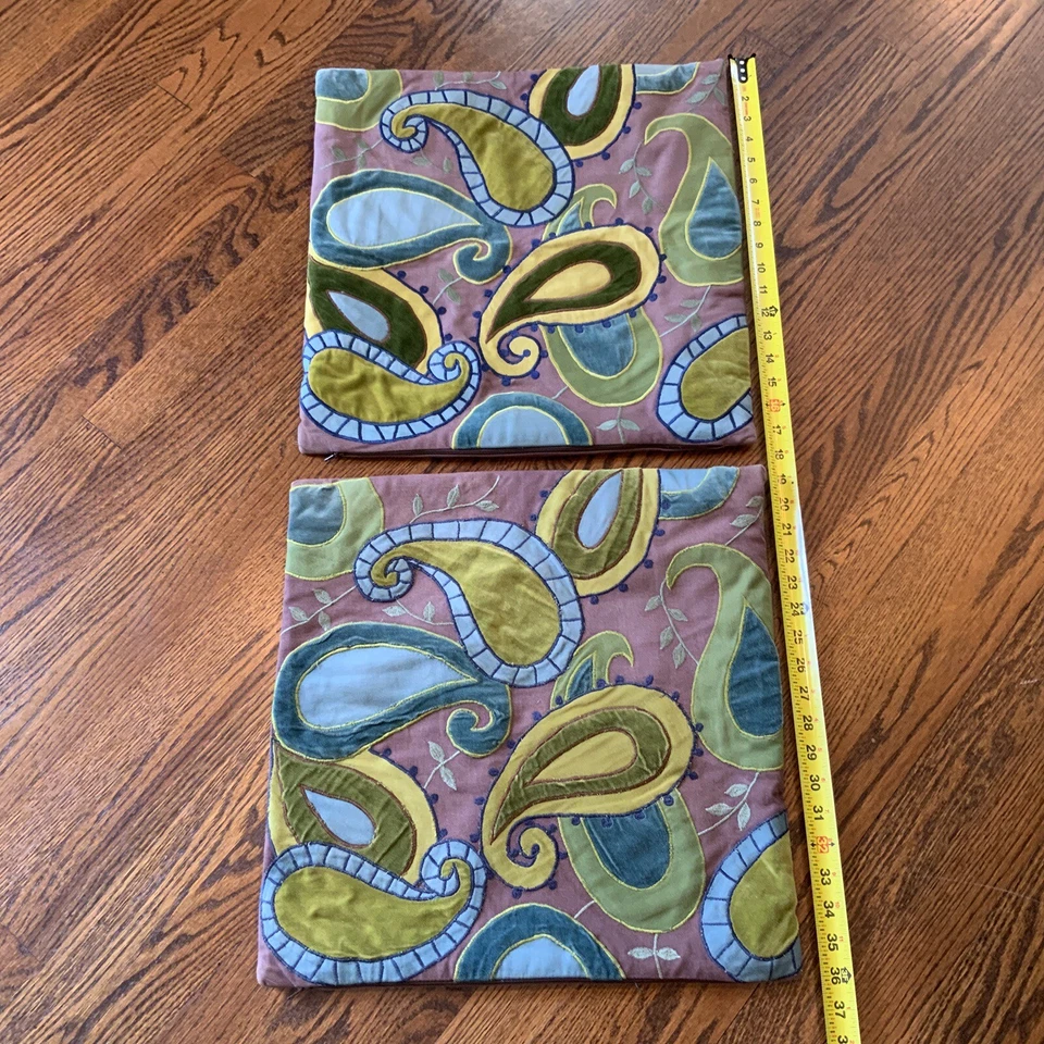 Pair Crate & Barrel Pillow Covers Patchwork Paisley Velvet Funky Artsy - Image 2 of 4