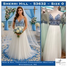 Sherri Hill 53632 White Chiffon Blue Floral Gown Dress Wedding Prom Gala Sz 0