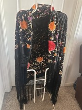 Estate Find Vintage Black Floral Embroidered Fringed Piano Shawl Black