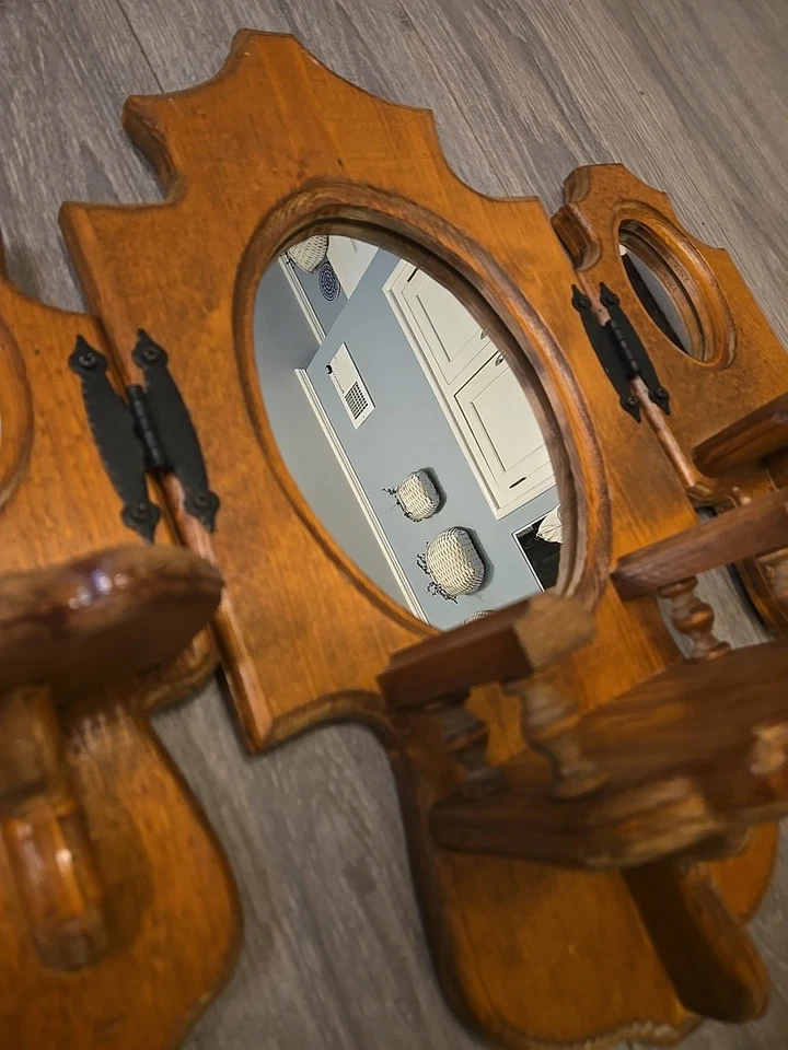 Espejo tríptico de madera vintage con estantes decoración de pared casa de campo Foto 4 de 4