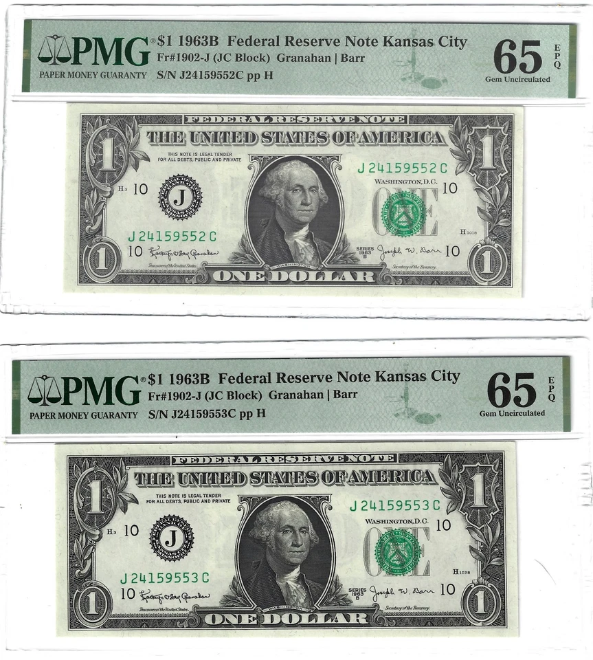 (2) Fr.1902-J 1963B $1 FRN (JC Block) Granahan / Barr PMG 65EPQ Consecutive GEMS - Image 1 of 2