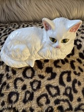 Vintage Bordallo Pinheiro White Long Haired Laying Persian Cat Made in Portugal 