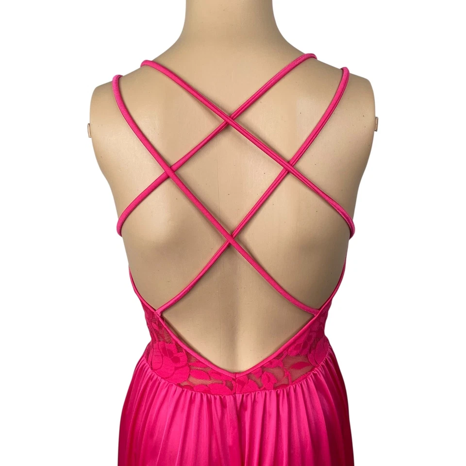 Maxi Vestido Sin Mangas De Colección Olga's Christina Rosa Caliente Encaje Transparente Tirantes Espalda Talla L Foto 3 de 4