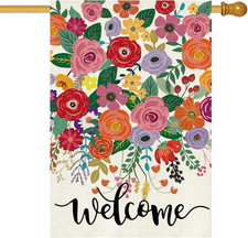 Spring Summer Welcome House Flag Double Sided 28X40 Inch Burlap,Floral Flowers L