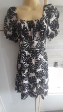 Primark Black White Leaf print Short Dress Size 6 On Off Shoulder