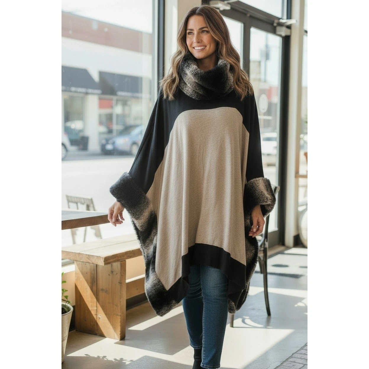 Capote Poncho Women Black Oatmeal Faux Fur Trim Colorblock Cowl Neck S/M