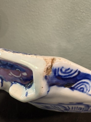Antique Japanese Repaired Plate Warmer Boat Shape, Blue And White Ceramic Tray - Picture 21 of 24