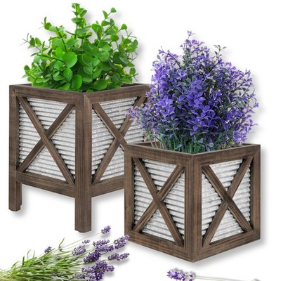 Farmhouse Planters Set of 2 Stand Galvanized Metal Brown Rustic Wood Autumn Legs