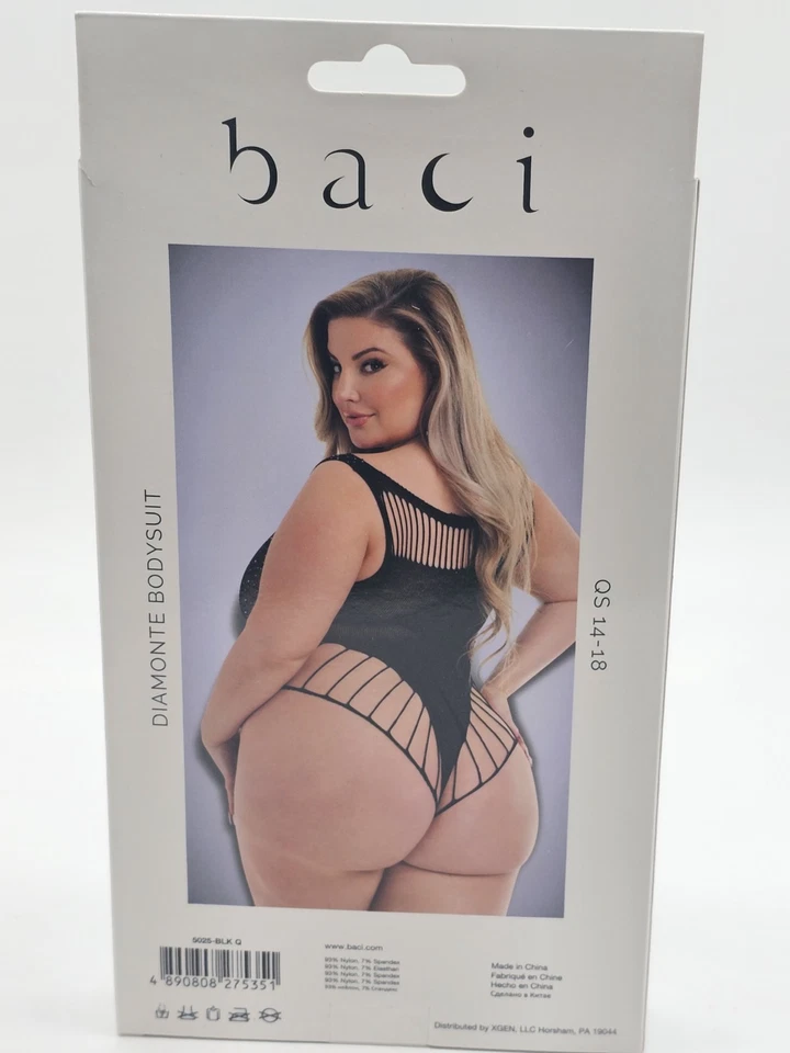Baci Lingerie Women's Queen Size 14-18 Black Lace Sheer Sexy Diamonte Bodysuit - Image 4 of 4