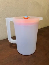 TUPPERWARE 2 Quart Frosted Pitcher~ Orange Lid/Blue Push Button
